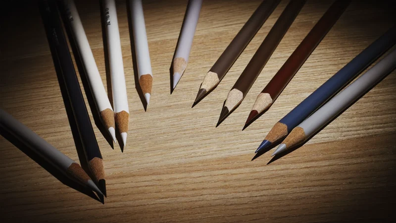 Abgestufte Graphitstifte fächerförmig auf heller Eiche, leicht von oben aufgenommen