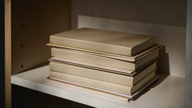 Stapel unbedruckter Skizzenbücher mit Leineneinband auf einem weissen Regal